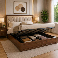 American Furnish premium wooden hydraulic storage bed with lift-up storage mechanism for modern bedroom furniture in India