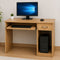 Modern wooden computer table with keyboard tray, storage drawer, CPU compartment, desktop monitor, and minimalist home office setup. Ideal study desk and workstation for home, office, and gaming use.