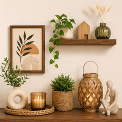 Modern home décor setup with wooden floating shelf, indoor plants, candle lantern, ceramic vase, boho decorative accessories, and minimalist wall art in warm neutral interior design style.