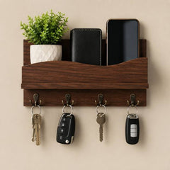 Modern wooden key and mobile holder wall shelf for home entrance and living room organization.