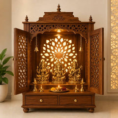 Elegant wooden mandir for home with intricate carvings, warm LED lighting, and traditional Hindu deity idols. Premium handcrafted pooja mandir design perfect for modern Indian home décor, prayer room, living room, and spiritual corner setup.
