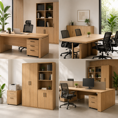 Modern executive office cabin furniture with premium wooden desk, storage cabinet, office sofa and contemporary workspace interior