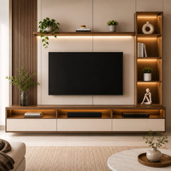 Modern wooden TV unit with storage cabinets and shelves for stylish living room furniture by American Furnish India
