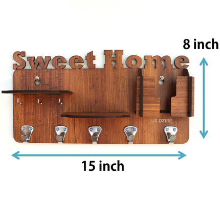 US DZIRE™ 823 Decorative Key Hanger (Brown) Wood Key Holder  (5 Hooks, Brown)