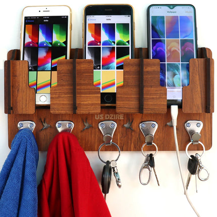 Wall Mount Wooden Multi-Functional Clothes & Key Hanger, Mobile Charging Wall Stand Suitable Living Room, Bedroom, Kitchen, Home & Office Wooden Wall Shelf (Number of Shelves - 3)