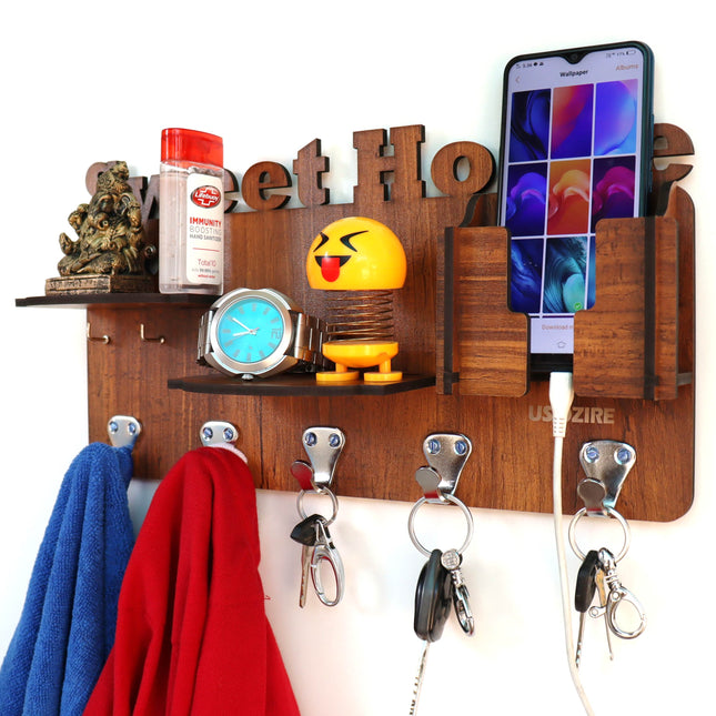 US DZIRE™ 823 Decorative Key Hanger (Brown) Wood Key Holder  (5 Hooks, Brown)