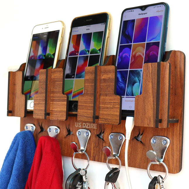 Wall Mount Wooden Multi-Functional Clothes & Key Hanger, Mobile Charging Wall Stand Suitable Living Room, Bedroom, Kitchen, Home & Office Wooden Wall Shelf (Number of Shelves - 3)