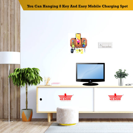 US DZIRE™ 1028 Antique Mobile Charging Stand Key Holder, Cloth Hanger Handcrafted Art For Home Decor Living Room Bedroom Wood Key Holder