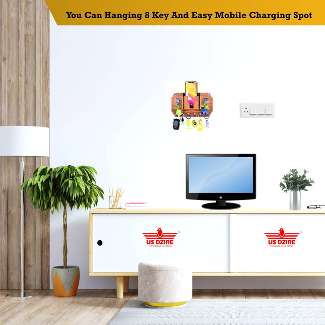 US DZIRE™ 1028 Antique Mobile Charging Stand Key Holder, Cloth Hanger Handcrafted Art For Home Decor Living Room Bedroom Wood Key Holder
