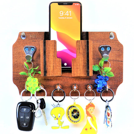 US DZIRE™ 1028 Antique Mobile Charging Stand Key Holder, Cloth Hanger Handcrafted Art For Home Decor Living Room Bedroom Wood Key Holder