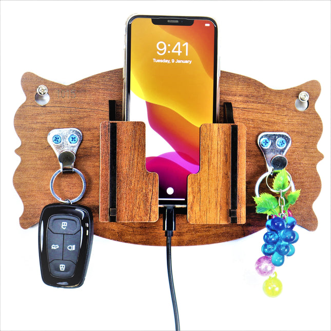 US DZIRE™ 1015 Antique Mobile Charging Stand Key Holder, Cloth Hanger Handcrafted Art For Home Decor Living Room Bedroom Wood Key Holder
