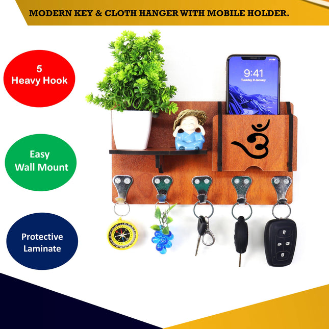US DZIRE™436 Antique Mobile Charging Stand Key Holder, Cloth Hanger Handcrafted Art For Home Decor Living Room Bedroom Wood Key Holder  (5 Hooks, Brown)