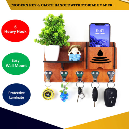 US DZIRE™ 452 Antique Mobile Charging Stand Key Holder, Cloth Hanger Handcrafted Art For Home Decor Living Room Bedroom Wood Key Holder  (5 Hooks, Brown)