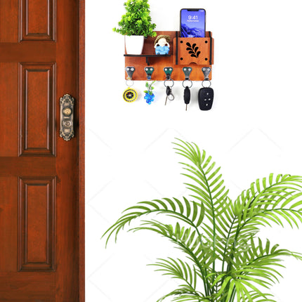 US DZIRE™ 437 Decorative Key Hanger (Brown) Wood Key Holder  (5 Hooks, Brown)