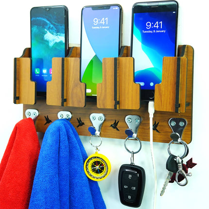 US DZIRE™ 808 Antique Mobile Charging Stand Key Holder, Cloth Hanger Handcrafted Art For Home Decor Living Room Bedroom Wood Key Holder  (7 Hooks, Brown)