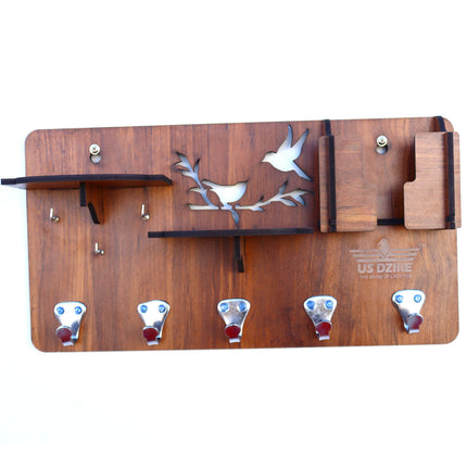 US DZIRE™ 827 Antique Mobile Charging Stand Key Holder, Cloth Hanger Handcrafted Art For Home Decor Living Room Bedroom Wood Key Holder  (8 Hooks, Brown)