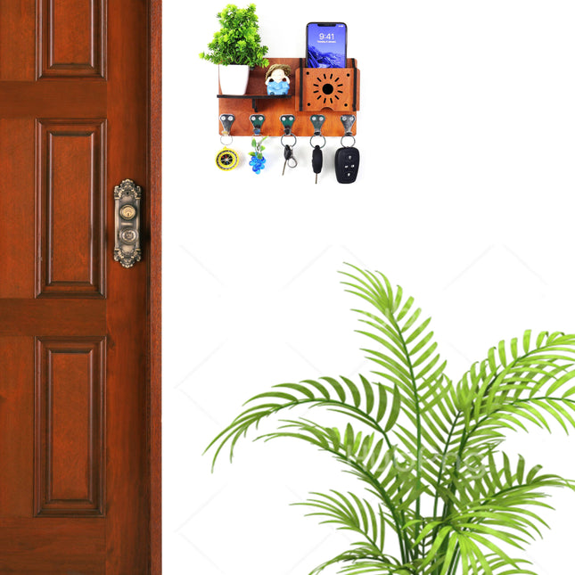 US DZIRE™ 405  Decorative Key Hanger (Brown) Wood Key Holder  (5 Hooks, Brown)