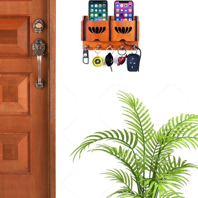 US DZIRE™ 238 Antique Mobile Charging Stand Key Holder, Cloth Hanger Handcrafted Art For Home Decor Living Room Bedroom Wood Key Holder  (5 Hooks, Brown)