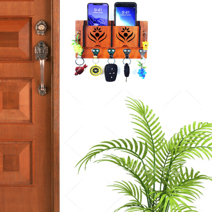 US DZIRE™ 1305 Antique Mobile Charging Stand Key Holder, Cloth Hanger Handcrafted Art For Home Decor Living Room Bedroom Wood Key Holder  (7 Hooks, Brown)