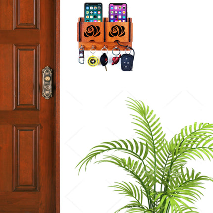 US DZIRE™ 237 Antique Mobile Charging Stand Key Holder, Cloth Hanger Handcrafted Art For Home Decor Living Room Bedroom Wood Key Holder  (5 Hooks, Brown)