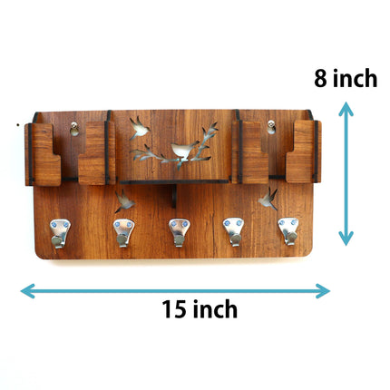 US DZIRE™ 803 Decorative Key Hanger (Brown) Wood Key Holder  (5 Hooks, Brown)
