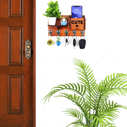 US DZIRE™ 420 Decorative Key Hanger (Brown) Wood Key Holder  (5 Hooks, Brown)