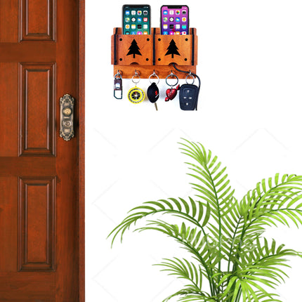 US DZIRE™ 215 Antique Mobile Charging Stand Key Holder, Cloth Hanger Handcrafted Art For Home Decor Living Room Bedroom Wood Key Holder  (5 Hooks, Brown)