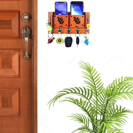 US DZIRE™ 44  Antique Mobile Charging Stand Key Holder, Cloth Hanger Handcrafted Art For Home Decor Living Room Bedroom Wood Key Holder  (7 Hooks, Brown)