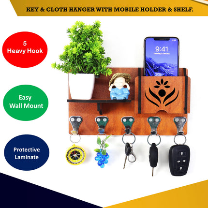 US DZIRE™ 1405 Premium Key Holder For Home & Office Wood Key Holder  (5  Hooks, Brown)