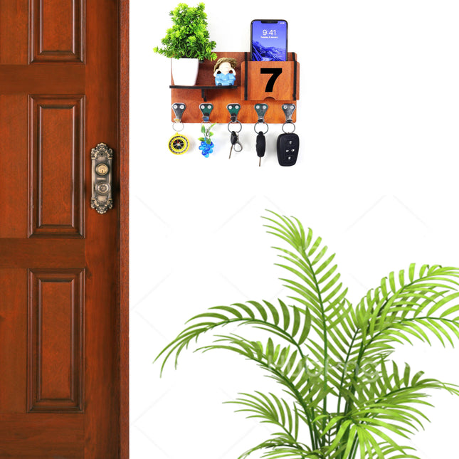 US DZIRE™ 1407 Decorative Key Hanger (Brown) Wood Key Holder  (5 Hooks, Brown)
