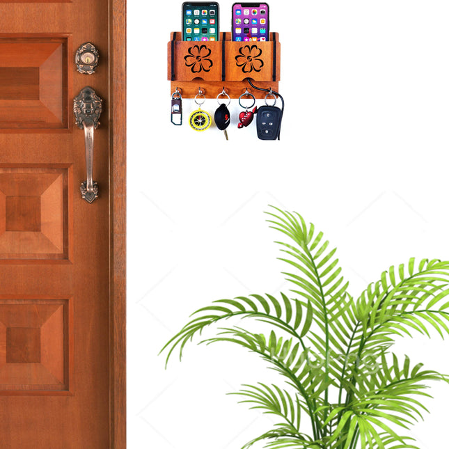 US DZIRE™ 236 Wooded key holder Sweet Home Flower Wood Key Holder(5  Hooks, Brown)