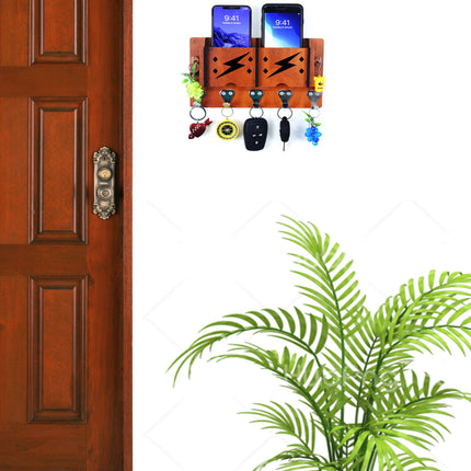 US DZIRE™ 9 Antique Mobile Charging Stand Key Holder, Cloth Hanger Handcrafted Art For Home Decor Living Room Bedroom Wood Key Holder