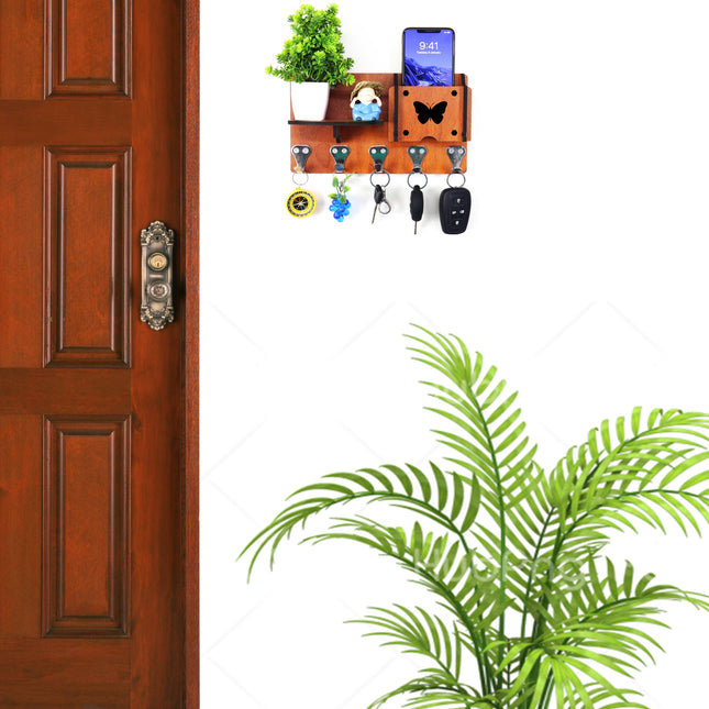 US DZIRE™ 411 Decorative Key Hanger (Brown) Wood Key Holder  (5 Hooks, Brown)
