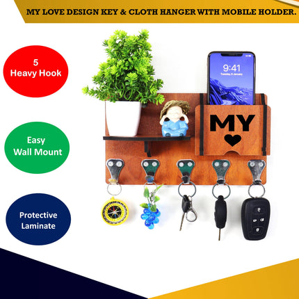 US DZIRE™ 421 Premium Key Holder For Home & Office Wood Key Holder  (5 Hooks, Brown)
