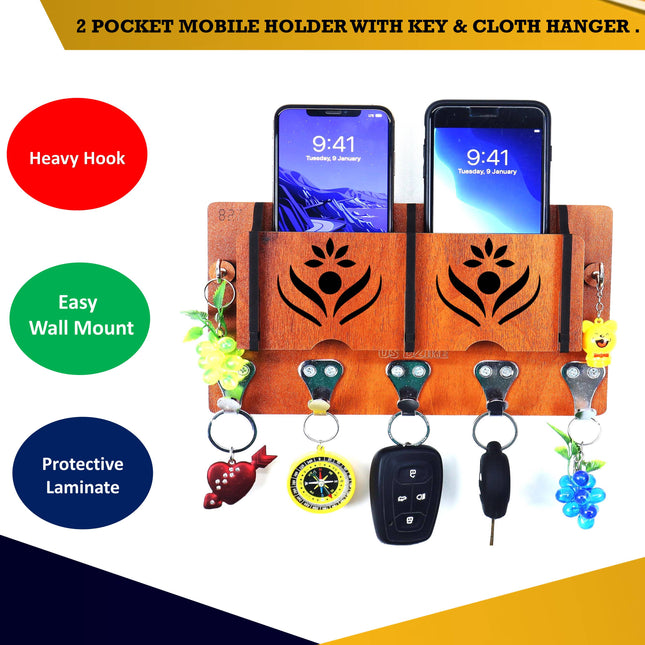 US DZIRE™ 1305 Antique Mobile Charging Stand Key Holder, Cloth Hanger Handcrafted Art For Home Decor Living Room Bedroom Wood Key Holder  (7 Hooks, Brown)