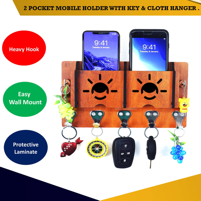 US DZIRE™ 1302 Antique Mobile Charging Stand Key Holder, Cloth Hanger Handcrafted Art For Home Decor Living Room Bedroom Wood Key Holder  (7 Hooks, Brown)