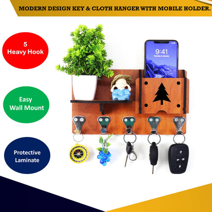 US DZIRE™416 Antique Mobile Charging Stand Key Holder, Cloth Hanger Handcrafted Art For Home Decor Living Room Bedroom Wood Key Holder  (5 Hooks, Brown)