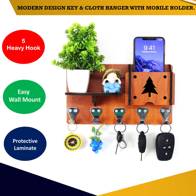 US DZIRE™416 Antique Mobile Charging Stand Key Holder, Cloth Hanger Handcrafted Art For Home Decor Living Room Bedroom Wood Key Holder  (5 Hooks, Brown)