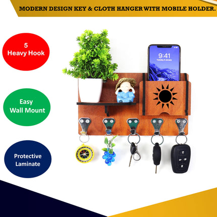 US DZIRE™ 414 Premium Key Holder For Home & Office Wood Key Holder  (5 Hooks, Brown)