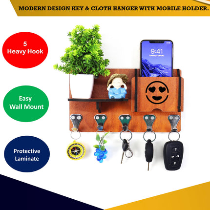 US DZIRE™ 418 Decorative Key Hanger (Brown) Wood Key Holder  (5 Hooks, Brown)
