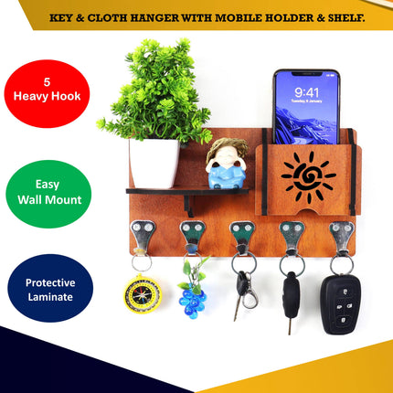 US DZIRE™ 1401 Antique Mobile Charging Stand Key Holder, Cloth Hanger Handcrafted Art For Home Decor Living Room Bedroom Wood Key Holder  (7 Hooks, Brown)