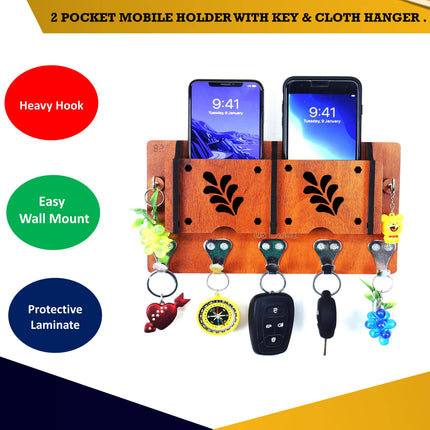 US DZIRE™ 44  Antique Mobile Charging Stand Key Holder, Cloth Hanger Handcrafted Art For Home Decor Living Room Bedroom Wood Key Holder  (7 Hooks, Brown)