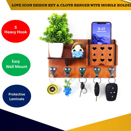 US DZIRE™422 Antique Mobile Charging Stand Key Holder, Cloth Hanger Handcrafted Art For Home Decor Living Room Bedroom Wood Key Holder  (5 Hooks, Brown)