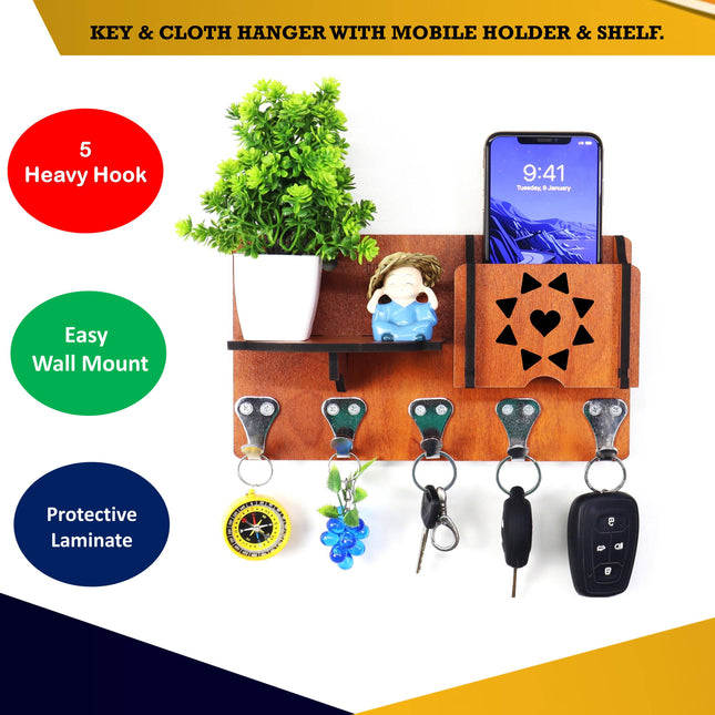 US DZIRE™ 1403 Antique Mobile Charging Stand Key Holder, Cloth Hanger Handcrafted Art For Home Decor Living Room Bedroom Wood Key Holder  (7 Hooks, Brown)