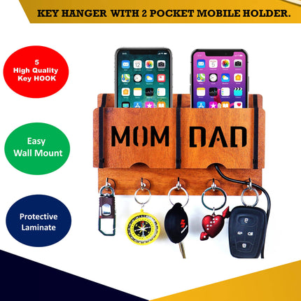 US DZIRE™ 1206 Premium Mom Dad Key Holder For Home & Office Wood Key Holder  (5  Hooks, Brown)
