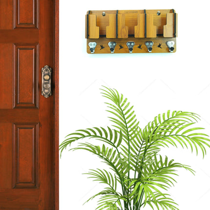 US DZIRE™ 808 Antique Mobile Charging Stand Key Holder, Cloth Hanger Handcrafted Art For Home Decor Living Room Bedroom Wood Key Holder  (7 Hooks, Brown)