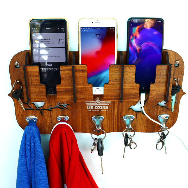 US DZIRE™ 802 Antique Mobile Charging Stand Key Holder, Cloth Hanger Handcrafted Art For Home Decor Living Room Bedroom Wood Key Holder  (7 Hooks, Brown)