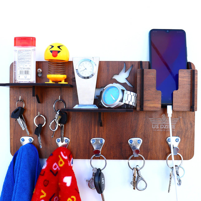 US DZIRE™ 827 Antique Mobile Charging Stand Key Holder, Cloth Hanger Handcrafted Art For Home Decor Living Room Bedroom Wood Key Holder  (8 Hooks, Brown)