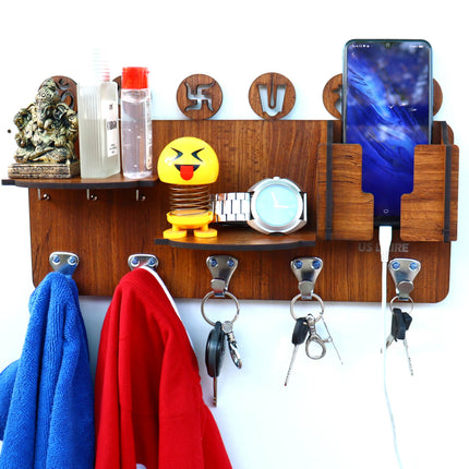 US DZIRE™ 820 Antique Mobile Charging Stand Key Holder, Cloth Hanger Handcrafted Art For Home Decor Living Room Bedroom Wood Key Holder