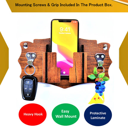 US DZIRE™ 1032 Antique Mobile Charging Stand Key Holder, Cloth Hanger Handcrafted Art For Home Decor Living Room Bedroom Wood Key Holder